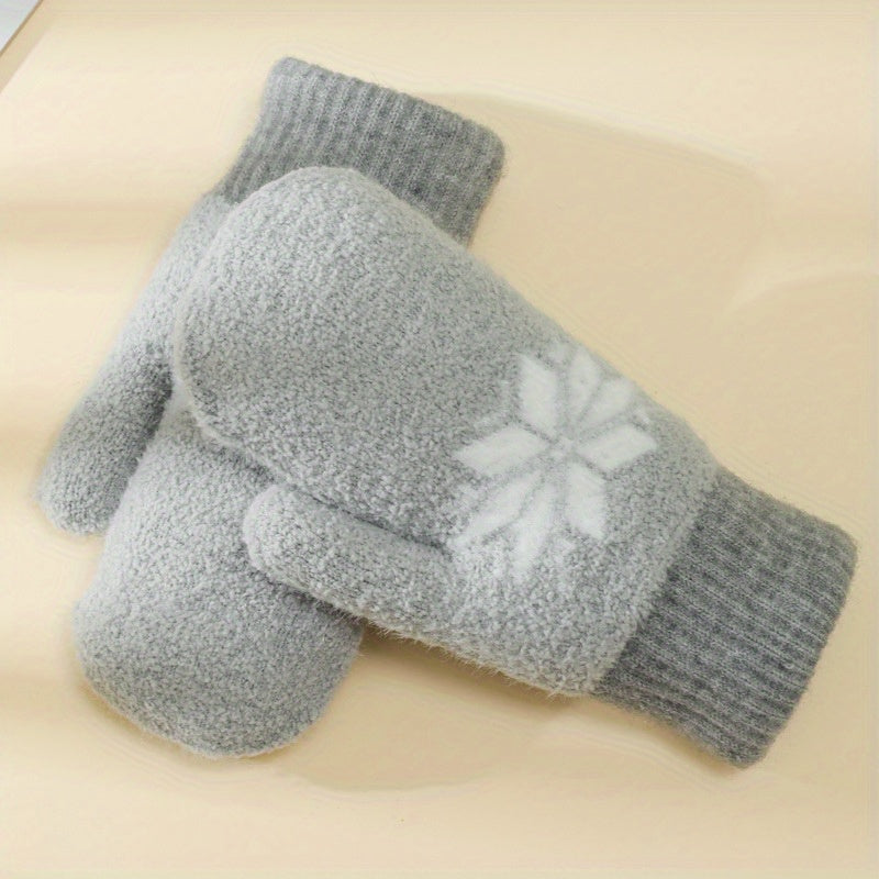 1 Pair Cashmere-Blend Knitted Mittens - Soft Beige Snowflake Design Winter Gloves, Thick Warm & Windproof for Outdoor Use, Hand Wash or Dry Clean, Winter Clothes